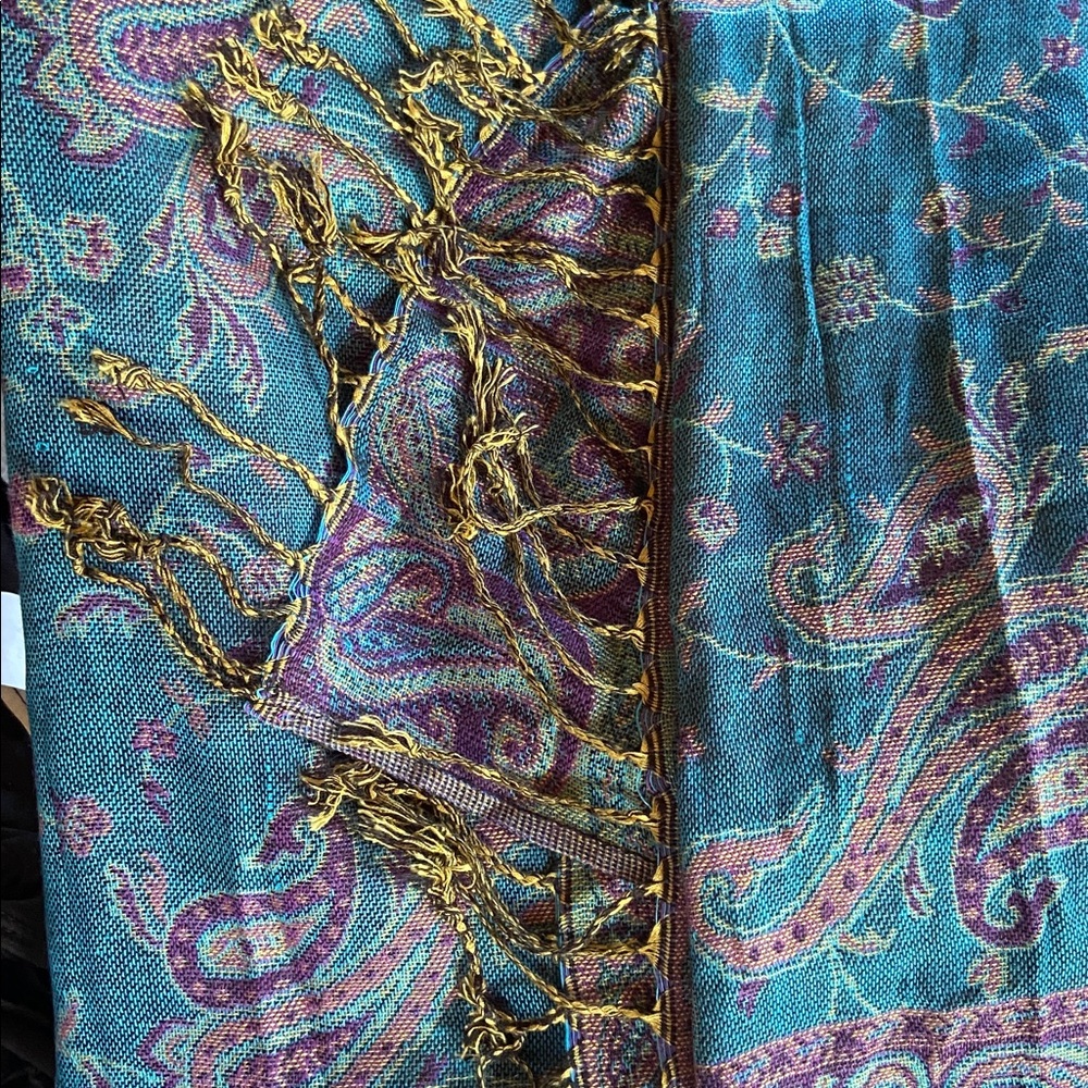 Paisley Print Scarf/Wrap With Gold Fringe ~ Teal, Purple and Brown - Picture 6 of 9